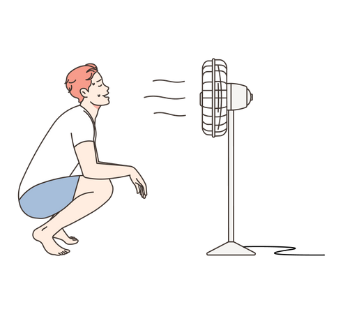 Menino sentado em frente ao ventilador de mesa no verão  Ilustração