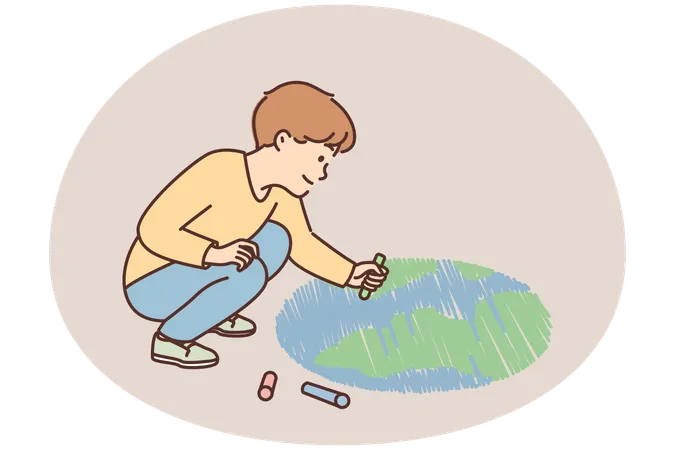Menino sorridente desenha planeta no chão  Ilustração
