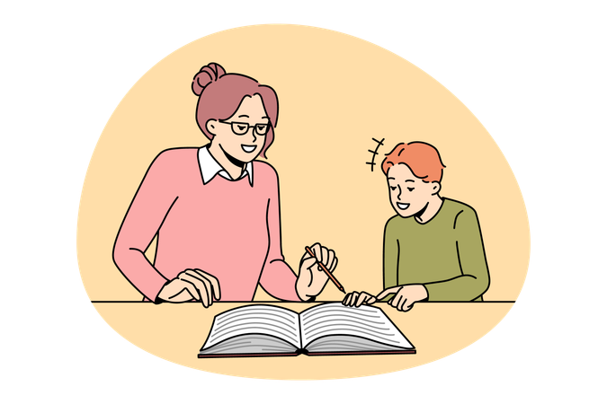 Menino sorridente e professora sentada e lendo livro juntos adquirindo conhecimento  Ilustração