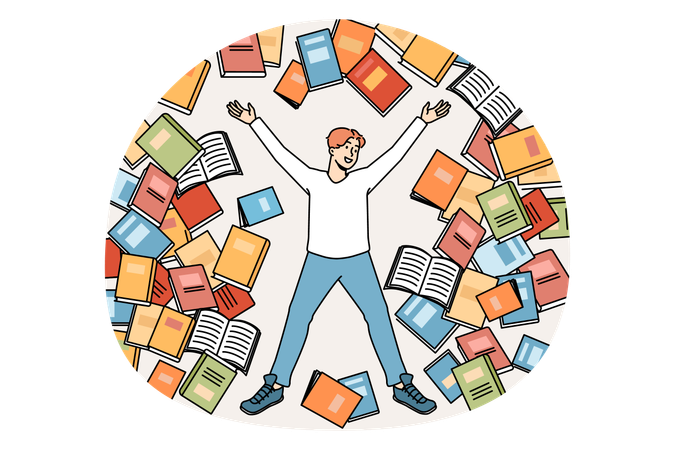 Menino sorridente olhando para vários livros voando ao redor se preparando para o exame e conhecimento  Ilustração