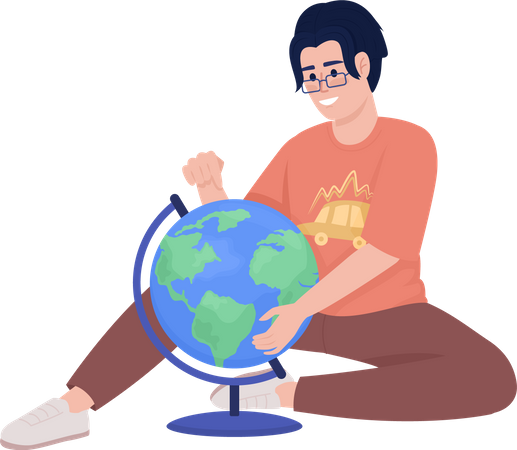 Menino sorridente estudando o globo mundial  Ilustração