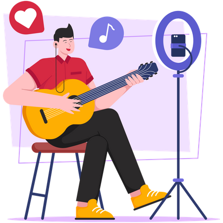 Garoto transmitindo guitarra ao vivo online  Ilustração