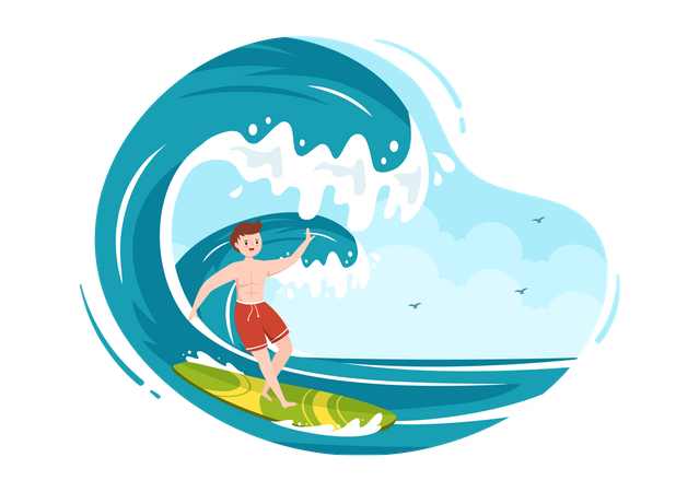 Menino surfando no mar  Ilustração
