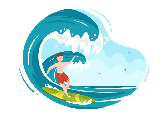 Menino surfando no mar  Ilustração