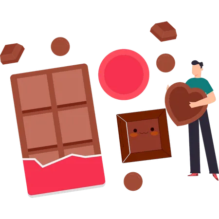 O menino tem um chocolate em forma de coração  Ilustração