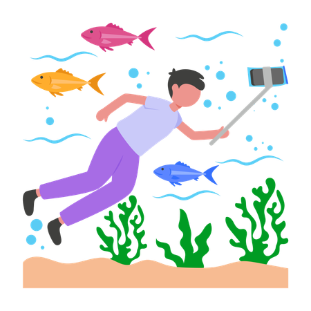 Menino tirando selfie debaixo d'água  Illustration