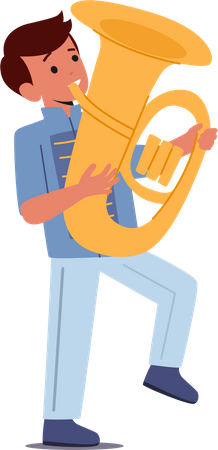 Menino toca tuba durante desfile  Ilustração