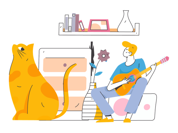 Menino tocando violão em casa  Ilustração