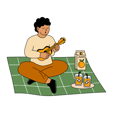 Menino tocando violão enquanto faz piquenique  Ilustração