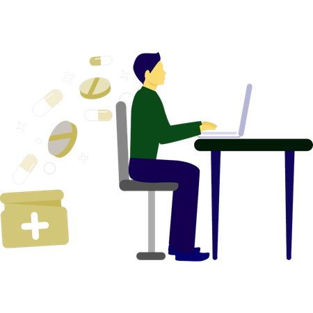 Menino trabalhando com medicina no laptop  Ilustração