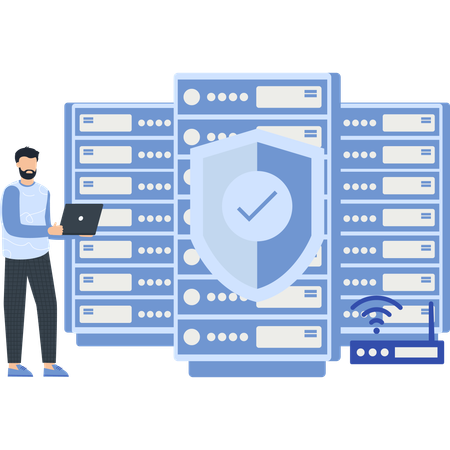 Menino trabalhando em data center  Ilustração