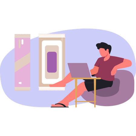Menino trabalhando no laptop  Ilustração
