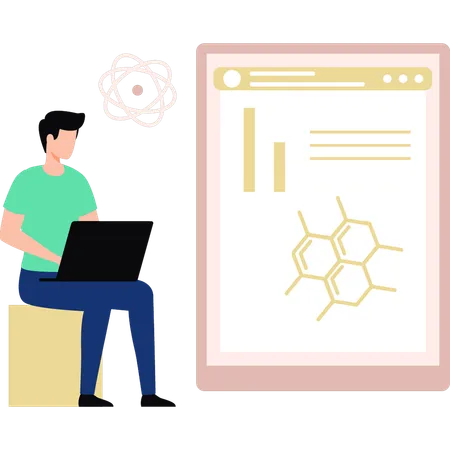 Menino trabalhando na estrutura molecular no laptop  Ilustração