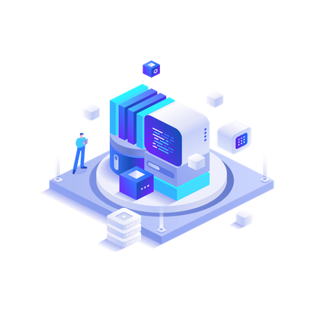 Menino trabalhando no ecossistema blockchain  Ilustração