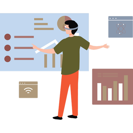 Menino trabalhando no gráfico usando VR  Ilustração