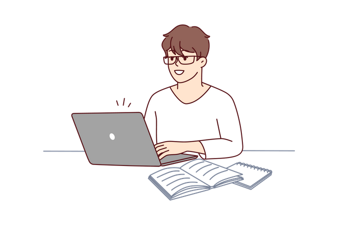 Menino trabalhando no laptop  Ilustração