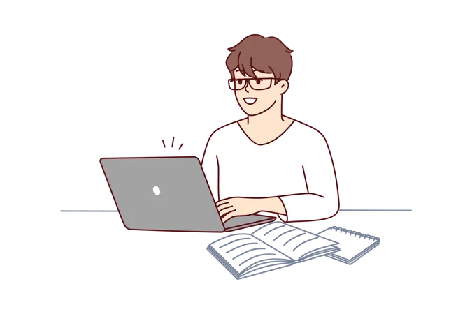 Menino trabalhando no laptop  Ilustração