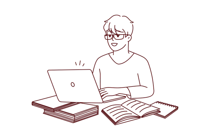 Menino trabalhando no laptop  Ilustração