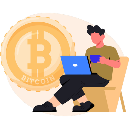 Garoto trabalhando com bitcoin  Ilustração