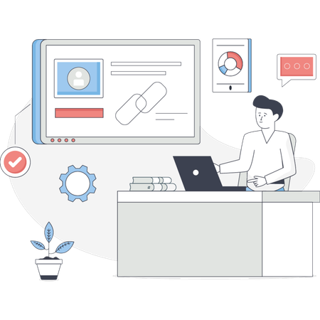 Garoto trabalhando com construção de links SEO  Illustration