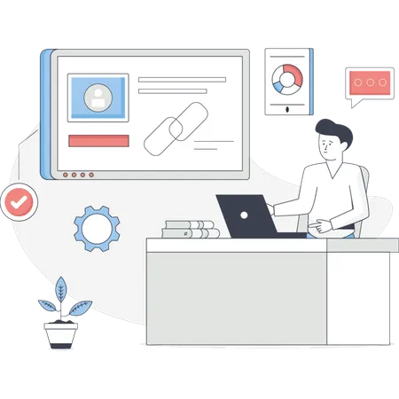 Garoto trabalhando com construção de links SEO  Illustration