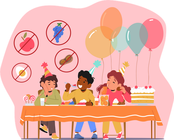 Menino triste com alergia alimentar evita comer doces na festa de aniversário  Ilustração