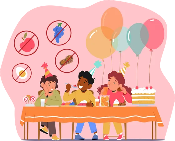 Menino triste com alergia alimentar evita comer doces na festa de aniversário  Ilustração
