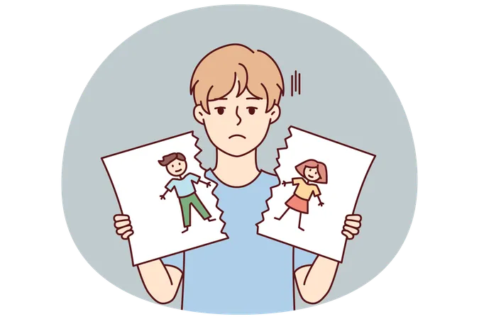 Menino triste depois de briga ou conflito na escola rasga retrato desenhado por ele mesmo  Ilustração