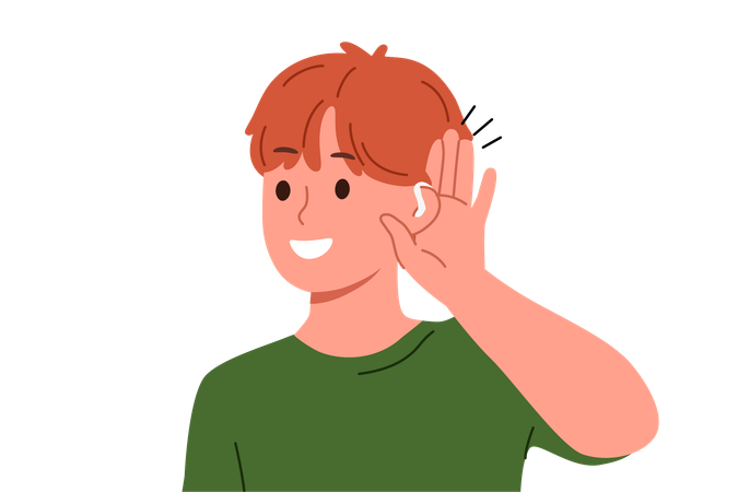 Menino usa aparelho auditivo e coloca sorrisos com a palma da mão na orelha ouvindo sons ao seu redor  Ilustração