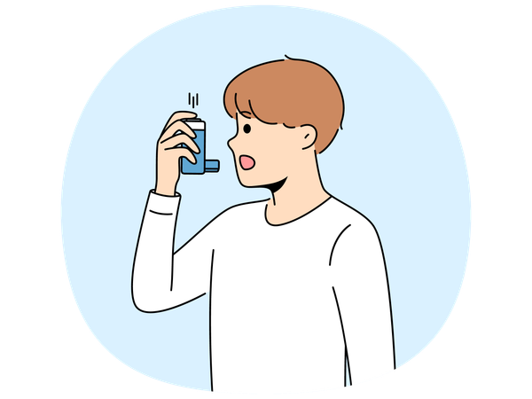 Menino usa inalador para tratar crise de asma devido à dificuldade para respirar e doença pulmonar  Ilustração