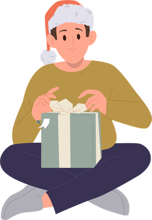 Menino usando chapéu festivo de Natal abrindo caixa de presente embrulhada  Ilustração