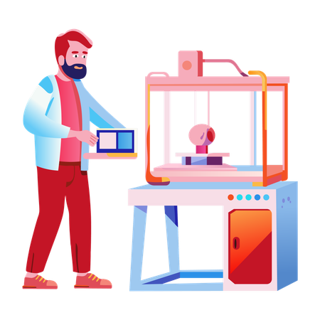 Menino usando máquina de impressão 3D  Ilustração