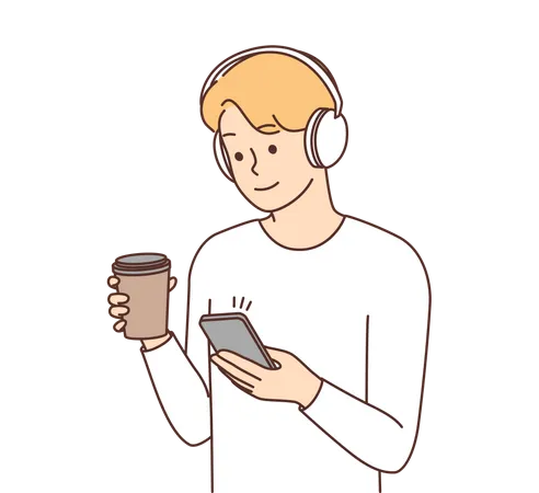 Menino usando celular enquanto segura café  Ilustração