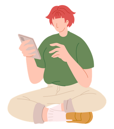 Menino usando celular enquanto está sentado no chão  Ilustração