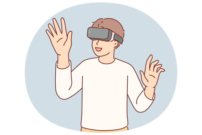 Menino usando óculos de realidade virtual usa com entusiasmo a nova tecnologia para mergulhar na realidade virtual  Ilustração