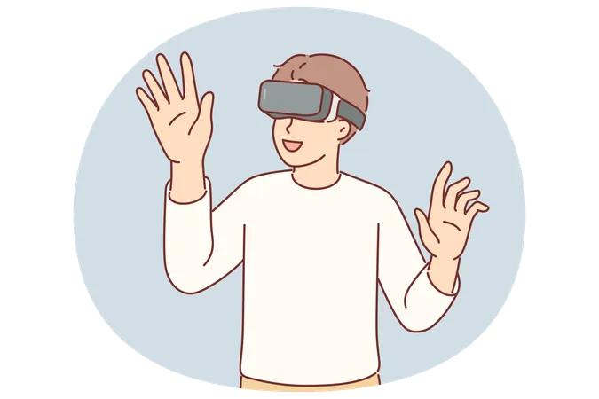 Menino usando óculos de realidade virtual usa com entusiasmo a nova tecnologia para mergulhar na realidade virtual  Ilustração