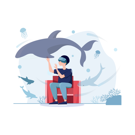 Menino usando óculos vr e experimentando a vida marinha  Ilustração