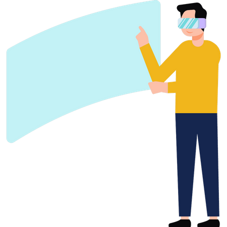 Menino usando óculos VR e olhando para a tela  Ilustração