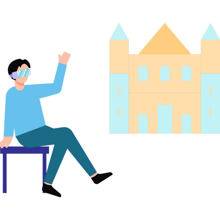 Menino usando óculos VR e olhando para o castelo  Ilustração