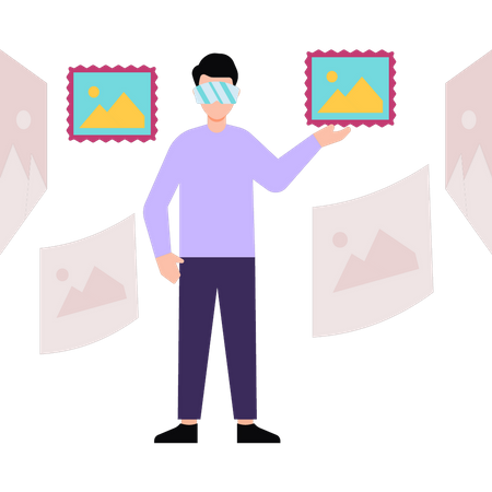 Menino usando óculos VR olhando fotos  Ilustração