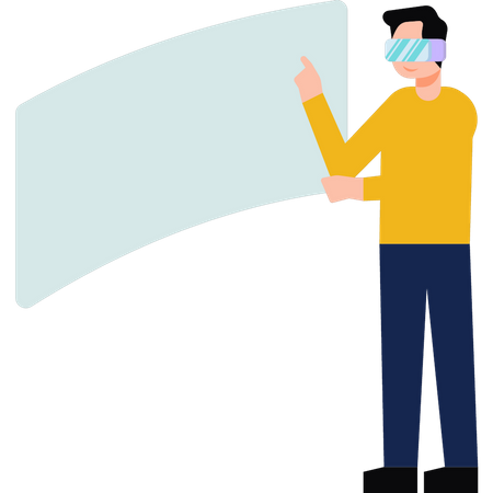 Menino usando óculos VR olhando para a tela  Ilustração
