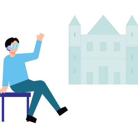 Menino usando óculos VR olhando para o castelo  Ilustração