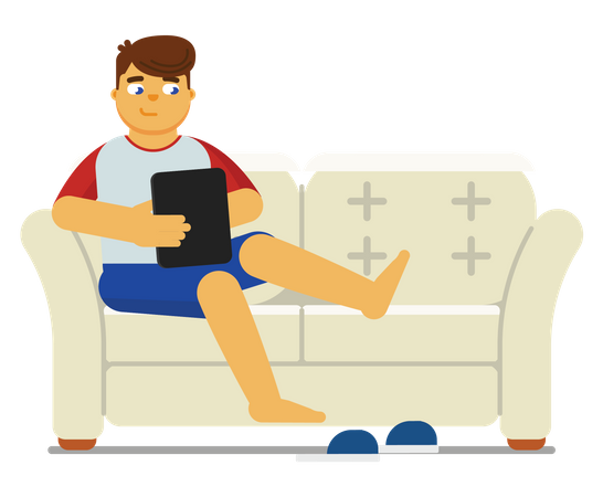 Menino usando tablet enquanto está sentado no sofá  Ilustração