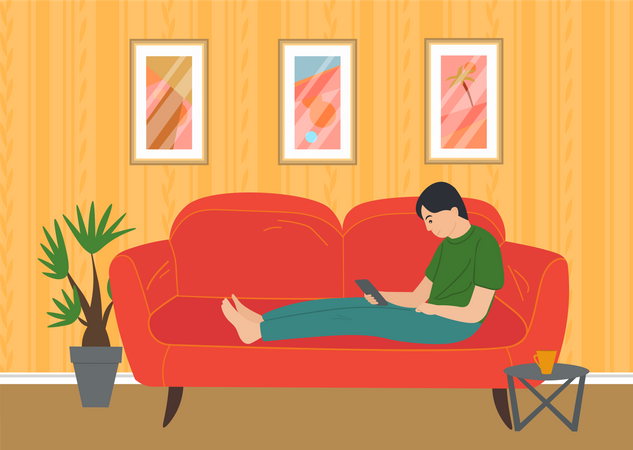 Menino usando telefone deitado no sofá  Ilustração