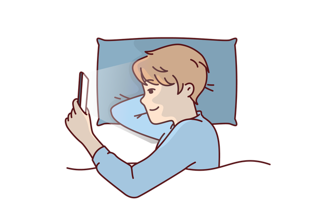 Menino usando telefone na cama  Ilustração