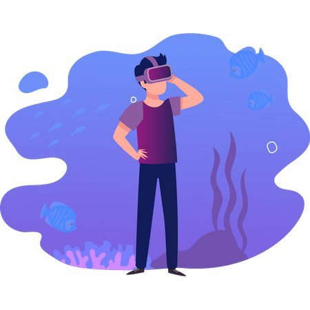 Menino usando VR desfrutando de mergulho  Ilustração