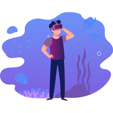 Menino usando VR desfrutando de mergulho  Ilustração