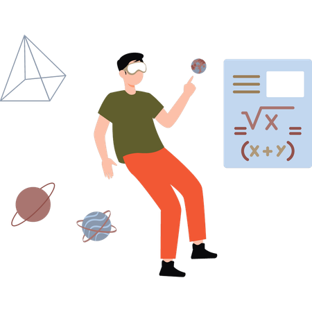 Menino usando VR fazendo matemática  Ilustração
