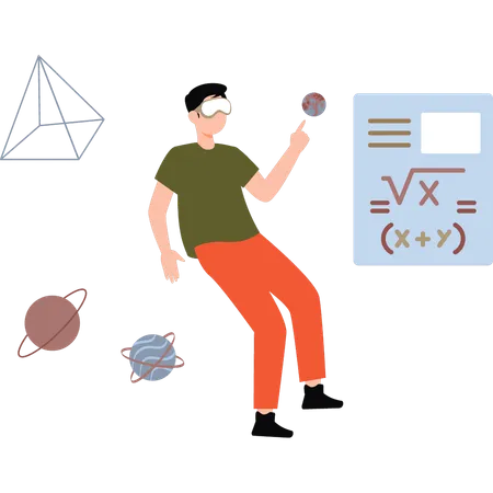 Menino usando VR fazendo matemática  Ilustração