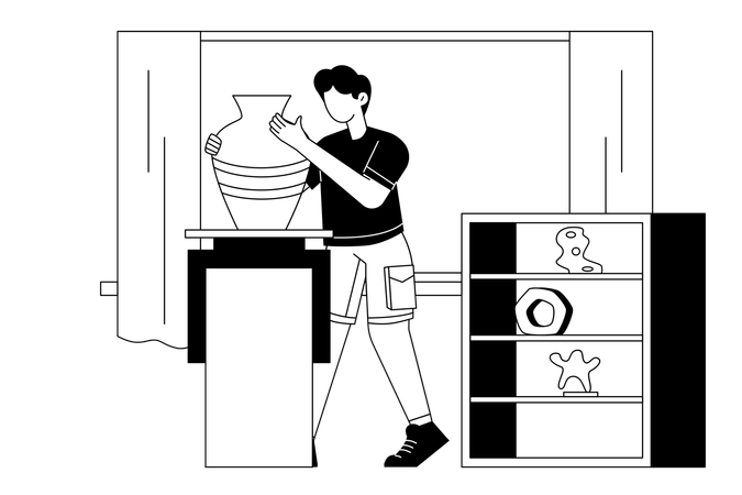 Garoto fazendo vaso dentro de uma sala  Ilustração